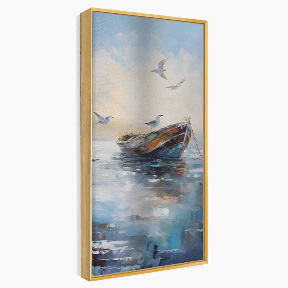 Tablou canvas cu tablou canvas cu barca si pescarusi, in rama de aluminiu auriu